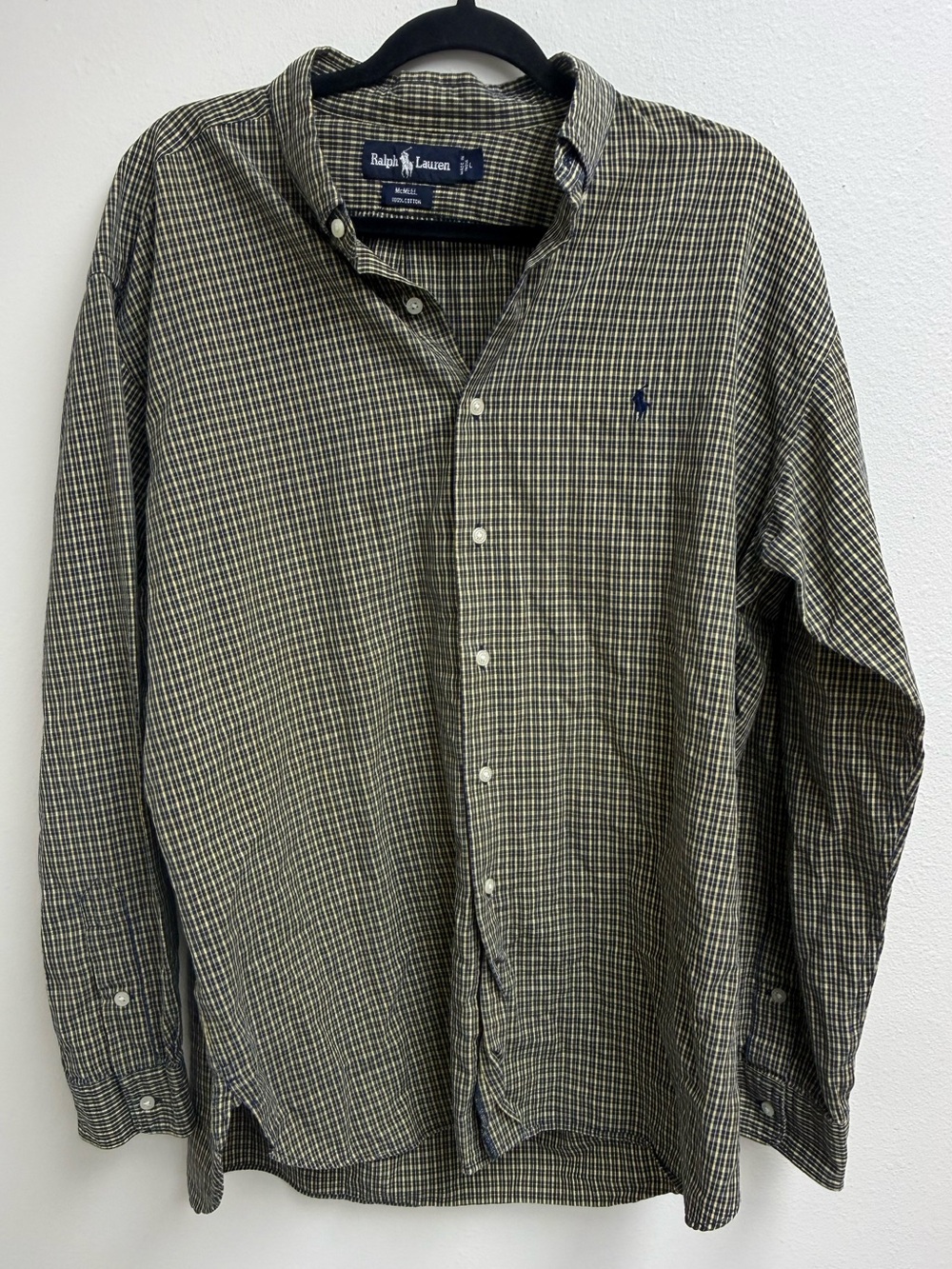 Vintage Ralph Lauren Olive and Navy Mini-Plaid Button-Down Shirt